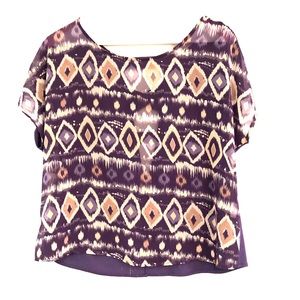 Tribal print tee with sheer front & detailed back